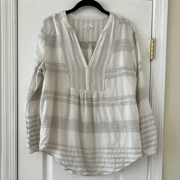 Lou & Grey Tops - Striped V-Neck Blouse/Tunic - Off- White and Gray